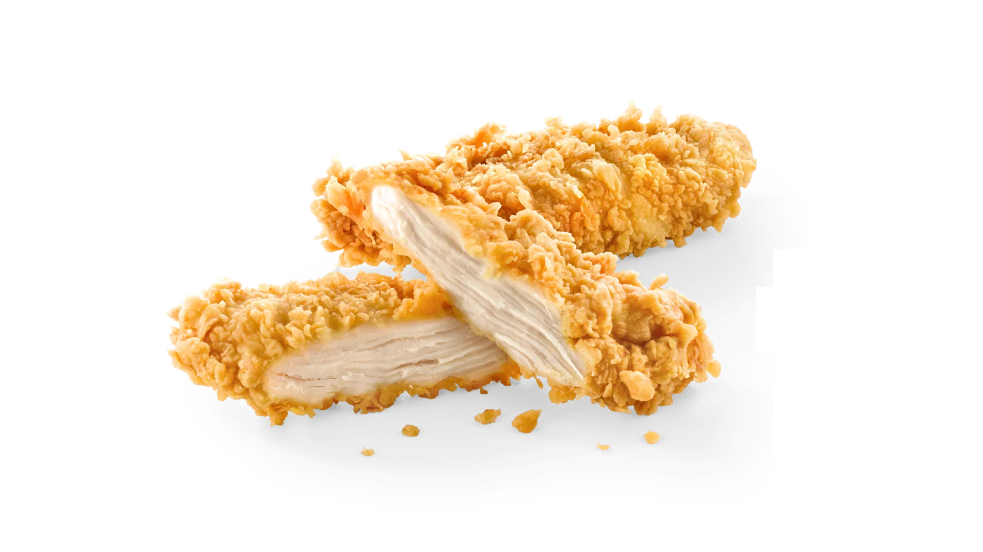Tenders de poulet dorés, coupés pour montrer la chair juteuse