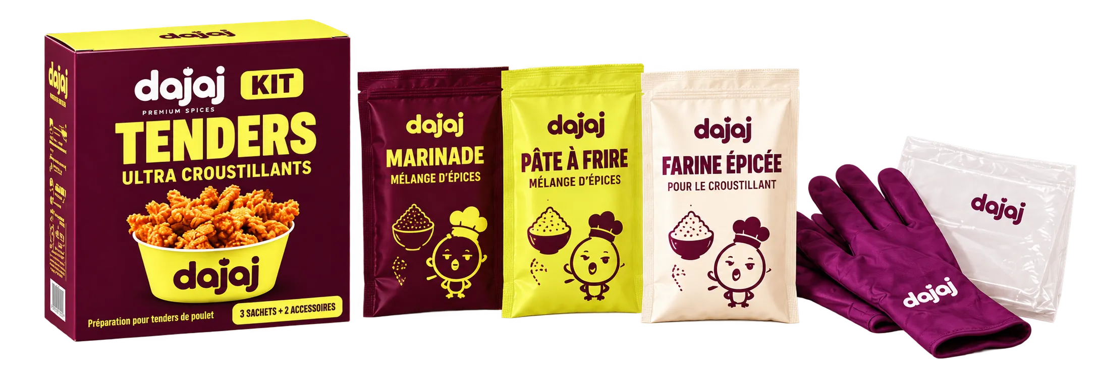 Contenu du kit Chicken Tenders : la boîte, un sachet de marinade, un sachet de pâte à frire, un sachet de farine épicée, une paire de gants et un sachet de conservation